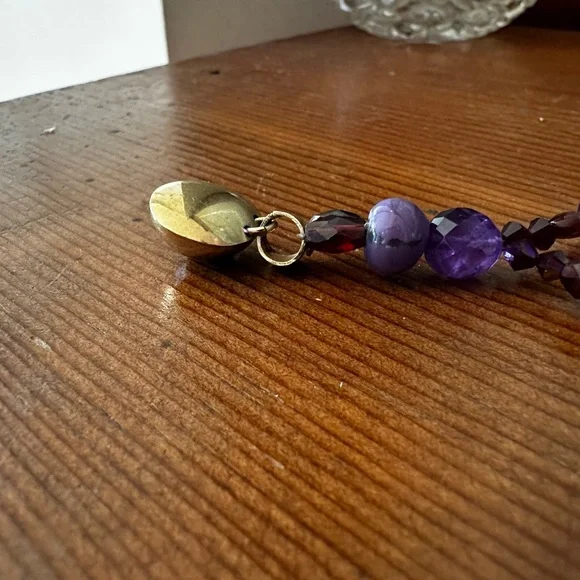 14K Gold Necklace Amethyst Garnet & Jade Beads Vintage Short Lariat Italy